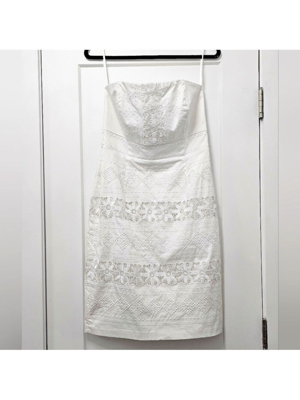 White House Black Market White Strapless Embroidered Eyelet Lace Dress Size 10 - Picture 7 of 14
